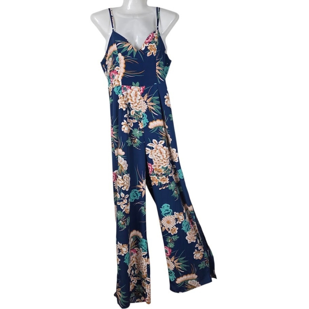 Indikah Jumpsuit Womens Medium Blue Floral Wide Leg V-Neck Tropical Summer Boho